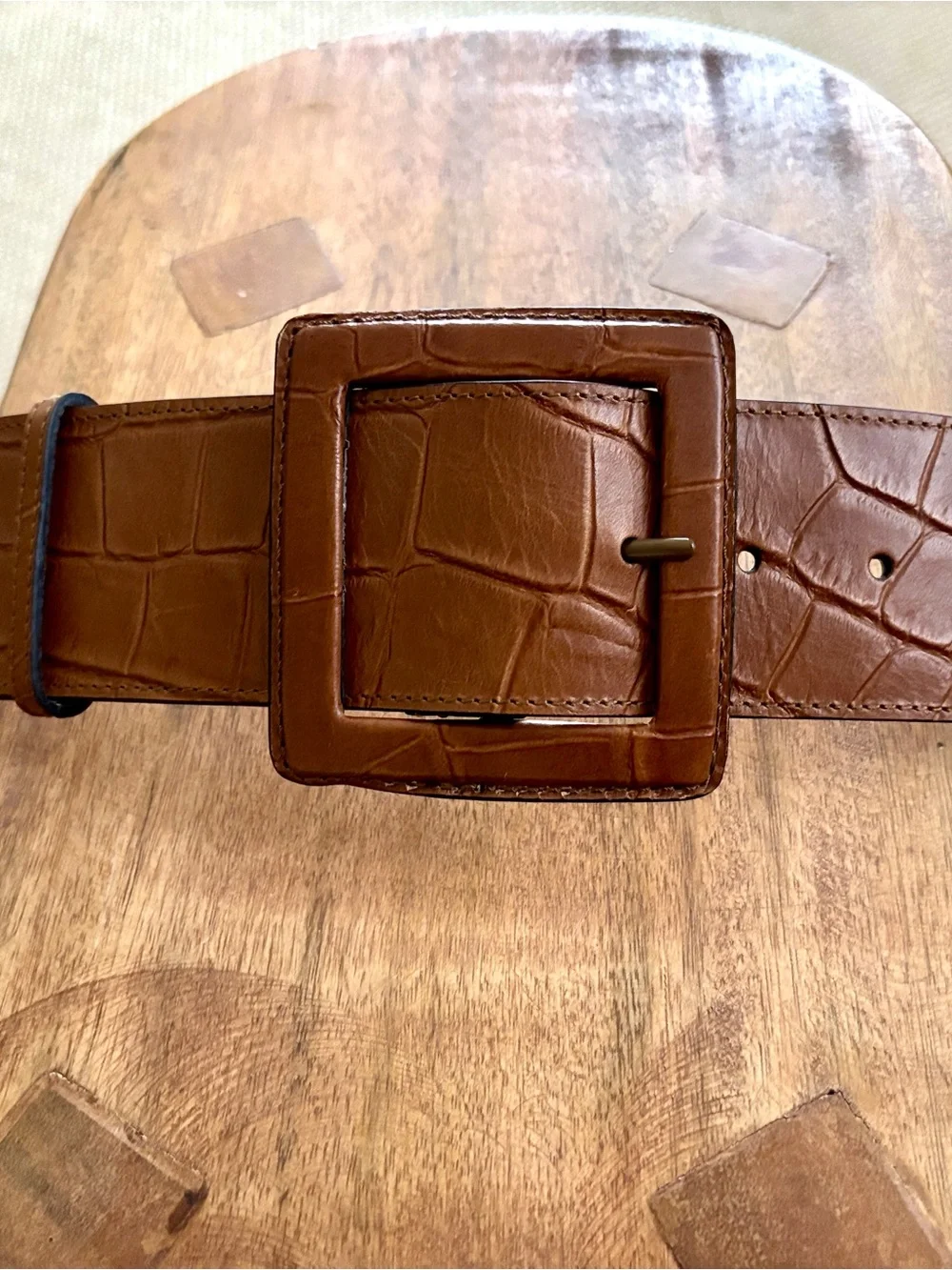 Chico's Croc-Embossed Wide Full Grain Brown Leather Belt with Square Buckle - XL